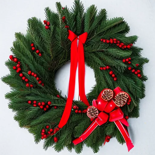 

An image of a festive Christmas wreath made from pinecones and red berries, with a red ribbon bow.