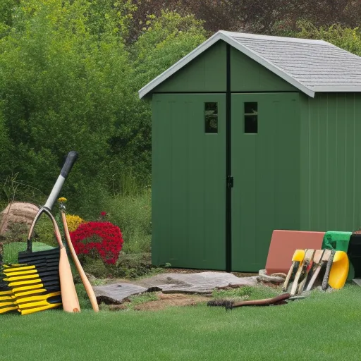 

A photo of a Keter garden storage shed, filled with gardening tools and supplies, sitting in a lush green backyard.