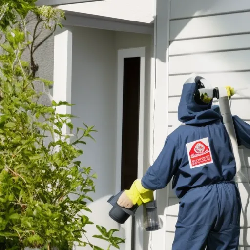 

An image of a pest control technician in protective gear spraying a home with insecticide to rid it of pests.