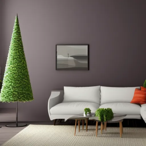

A lush artificial tree in a modern living room, bringing the beauty of nature indoors.