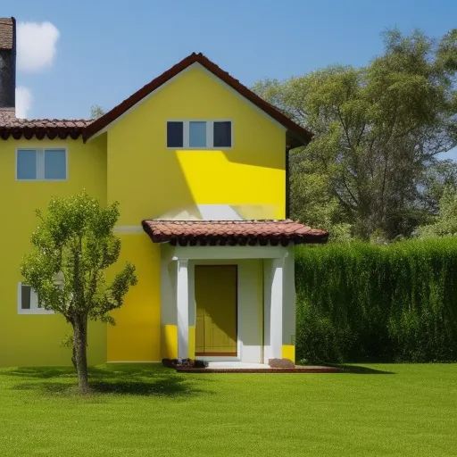 

A photo of a newly renovated home, with a bright yellow door and freshly painted walls, surrounded by a lush green garden.