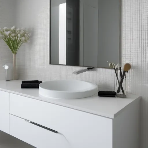 

A close-up of a modern bathroom vanity with two drawers and a countertop, surrounded by white walls and tiled floor.