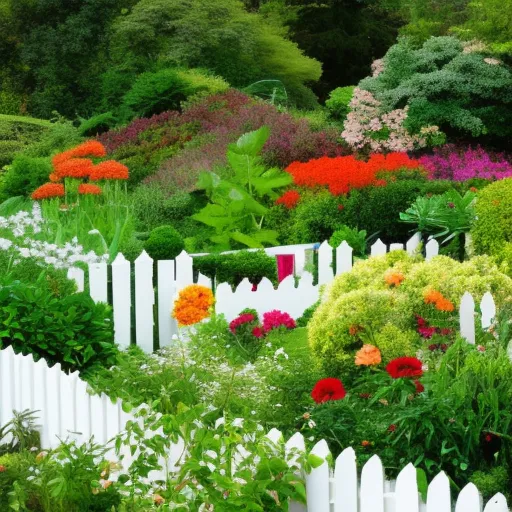 

A picture of a lush, vibrant garden with a variety of colorful flowers, plants, and trees, surrounded by a white picket fence.
