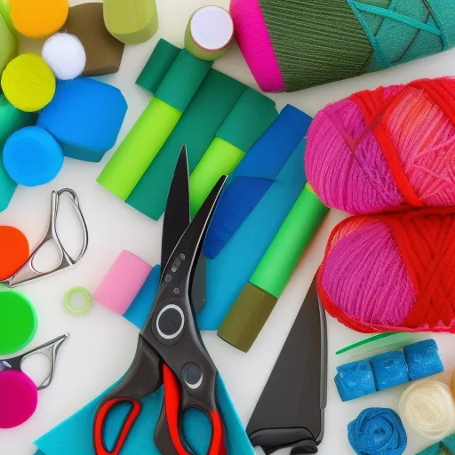 

A colorful collage of various craft supplies and materials, including scissors, paint, fabric, and yarn, set against a white background.