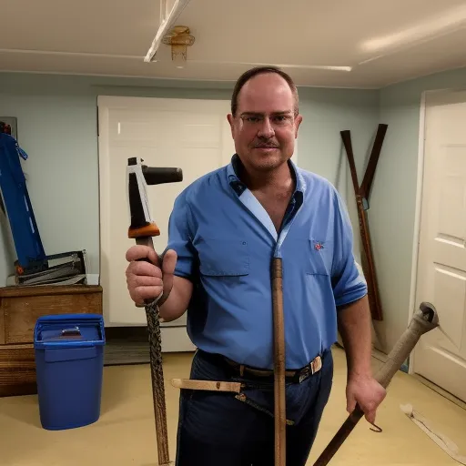 

A picture of a person wearing a tool belt and holding a hammer, standing in front of a partially renovated room.