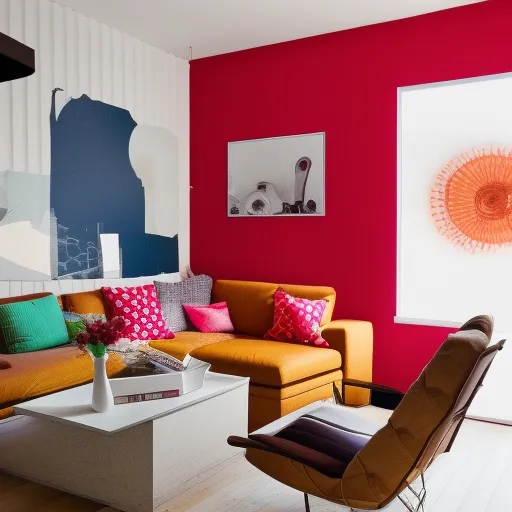

A photo of a modern living room with a cozy seating area, bright colors, and stylish decor.