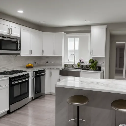 

A photo of a modern kitchen with white cabinets, stainless steel appliances, and a marble countertop, providing inspiration for a kitchen remodel.
