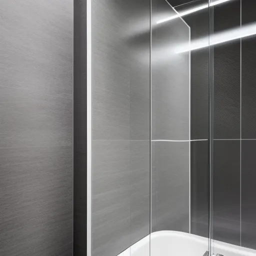 

A picture of a modern bathroom with a sleek, white shower wall panel, surrounded by grey tiles.