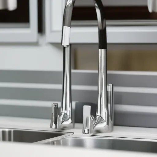 

A close-up of a modern, chrome-finished kitchen sink tap, with two separate handles for hot and cold water.