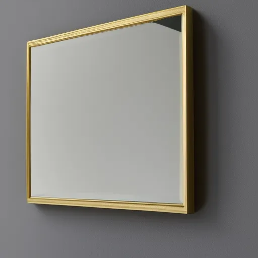 

A close-up of a modern, rectangular wall mirror with a gold frame, reflecting a bright, sunny room.