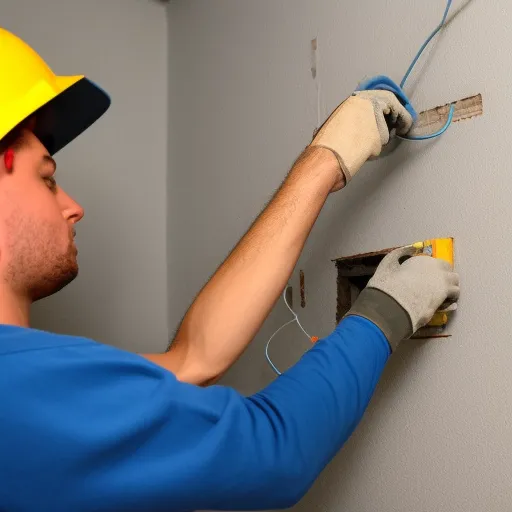 

An image of an electrician installing a grounded outlet in a wall, with tools and wiring visible.