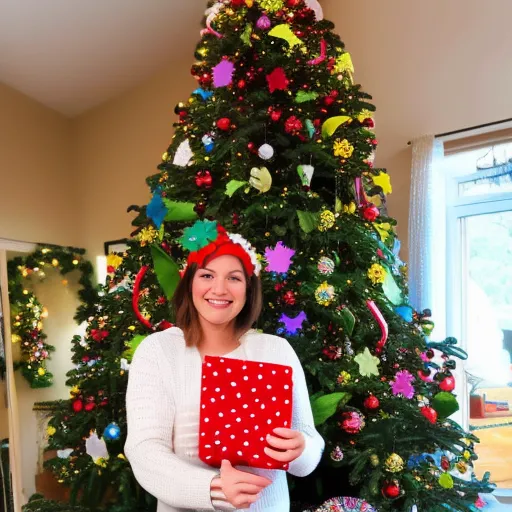 

A picture of a smiling woman holding a decorated Christmas tree in her hands, with a pile of colorful decorations and a pair of scissors nearby.