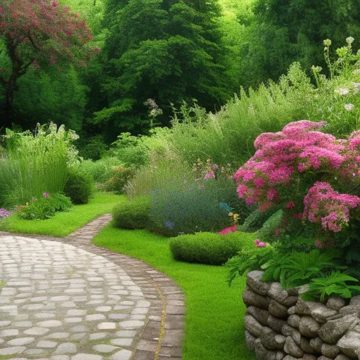 

A lush garden with a variety of plants, trees, and flowers, surrounded by a stone wall, with a winding path leading to a wooden bench.