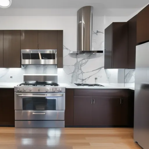 

A photo of a modern kitchen with white cabinets, marble countertops, and stainless steel appliances, creating a sleek and stylish look.
