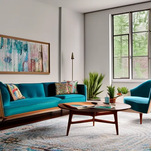 

A modern living room featuring mid-century furniture, including a teal velvet sofa, a round coffee table, and a geometric rug.
