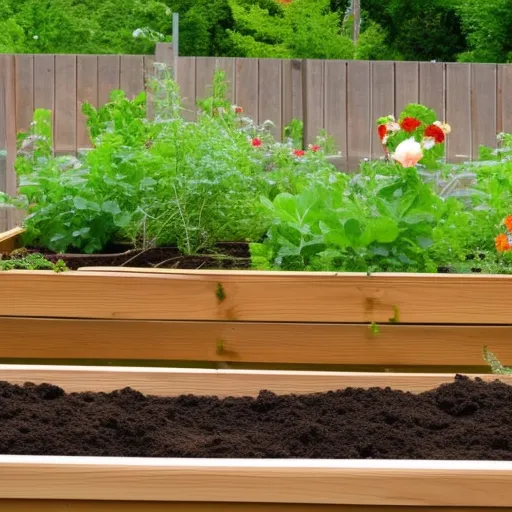 

A picture of a raised garden bed filled with soil and plants, surrounded by a wooden fence.