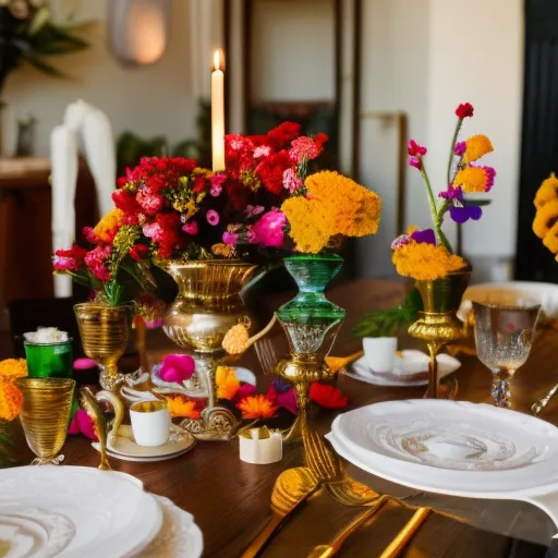 

A photo of a beautifully decorated table with colorful flowers, candles, and other decorative items, creating a festive atmosphere.
