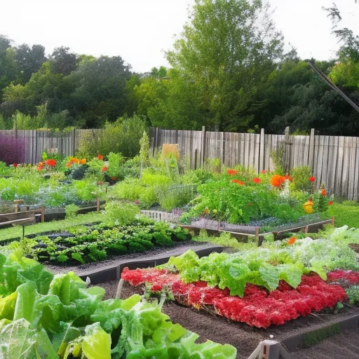 

A vibrant photo of a vegetable garden with a variety of vegetables growing in raised beds, surrounded by a white picket fence.