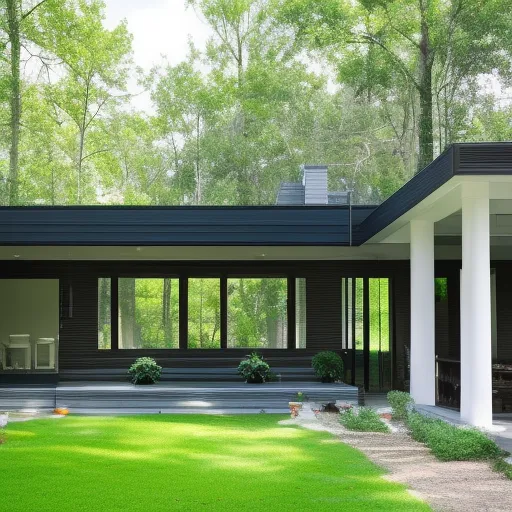 

A picture of a modern home with a large front porch, surrounded by lush greenery, with a bright blue sky in the background.