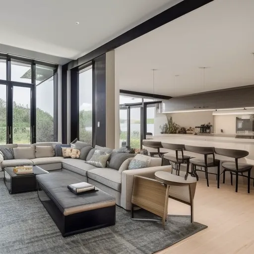 

A modern, open-concept home with a large living room, kitchen, and dining area, featuring a stylish, minimalist design and plenty of natural light.
