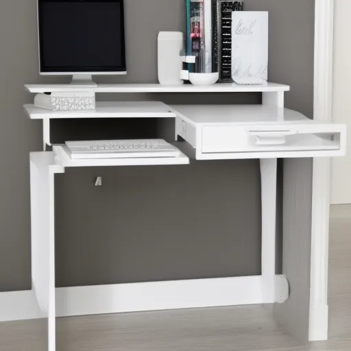 

A small, white desk with a sleek, modern design, perfect for a bedroom workspace.