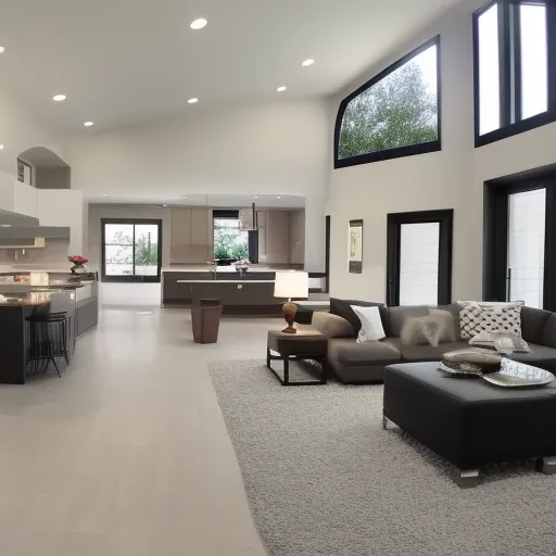 

A picture of a modern home with a large open floor plan, featuring a spacious living room and kitchen.