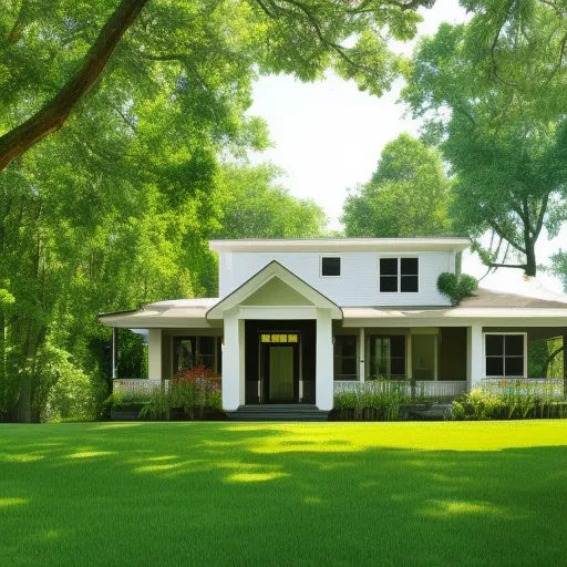 

A picture of a modern two-story house with a large front porch, surrounded by lush green grass and trees.
