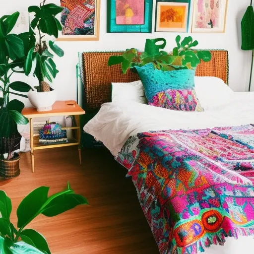 

A colorful and eclectic bedroom featuring a mix of textiles, plants, and art, creating a unique and inviting bohemian atmosphere.