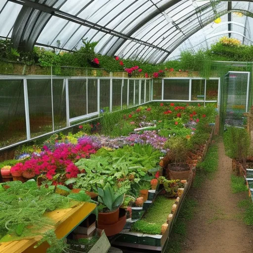 

A photo of a greenhouse constructed from recycled materials, with a lush garden of vegetables and flowers growing inside.