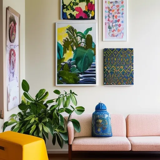 

An image of a living room with a bright yellow wall, a patterned rug, and a variety of DIY home decor projects, including a painted canvas, a framed mirror, and a hanging plant.