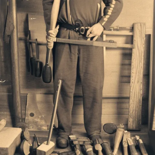 

A picture of a person wearing a tool belt and holding a hammer, surrounded by various tools and materials.