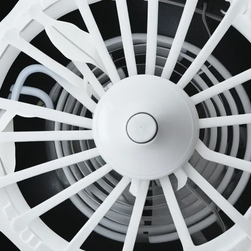 

A close-up of a white bathroom fan, with its grille and motor visible.