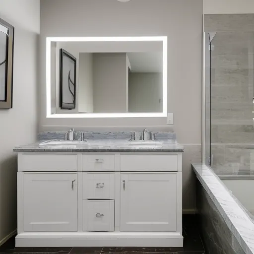 

A bathroom vanity with a white marble countertop, two sinks, and a large mirror.