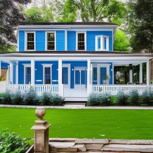 

Image of a blue house with a white picket fence: A beautiful custom home with a classic white picket fence, perfect for any family.