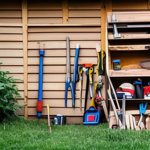 

A picture of a wooden shed in a backyard, with tools and supplies neatly organized inside.
