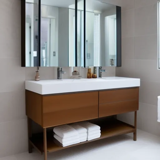 

A close-up of a modern bathroom vanity with a white marble countertop, two drawers, and a large mirror above.