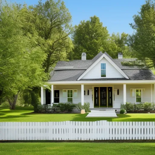 

A picture of a modern ranch house with a large front porch and a large backyard, surrounded by trees and a white picket fence.
