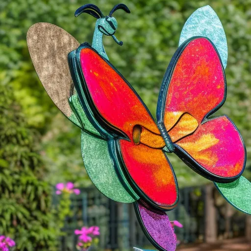

A close-up of a colorful metal garden sculpture of a butterfly perched atop a flower, surrounded by lush green foliage.