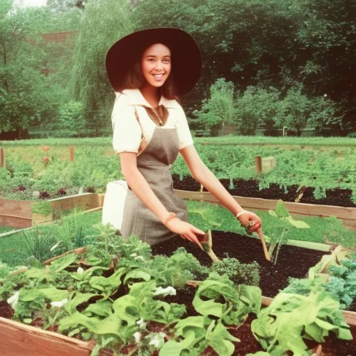

A photo of a young woman in a garden, wearing a wide-brimmed hat and gloves, happily tending to a vegetable patch.