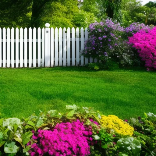 

A picture of a lush garden filled with vibrant flowers, plants, and trees, surrounded by a white picket fence.