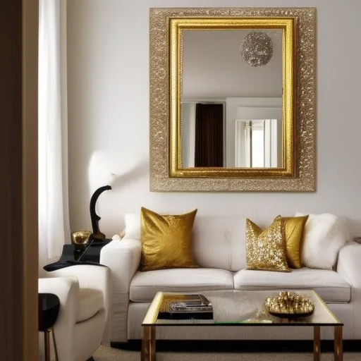 

A luxurious golden mirror with intricate detailing, hung on a white wall, reflecting a warm and inviting living room.