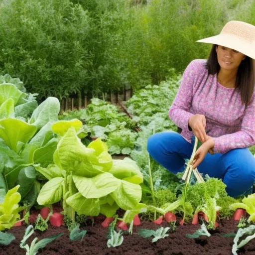 

A woman in a sunhat tending to a lush vegetable garden, surrounded by a variety of vegetables in various stages of growth.