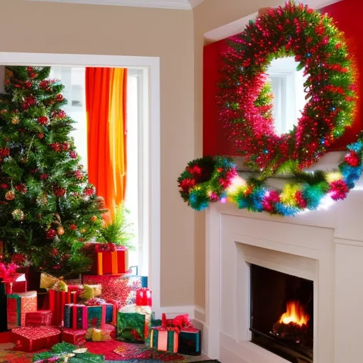 

A picture of a festive living room, decorated with a string of colorful garlands draped over the mantelpiece and around the doorway.