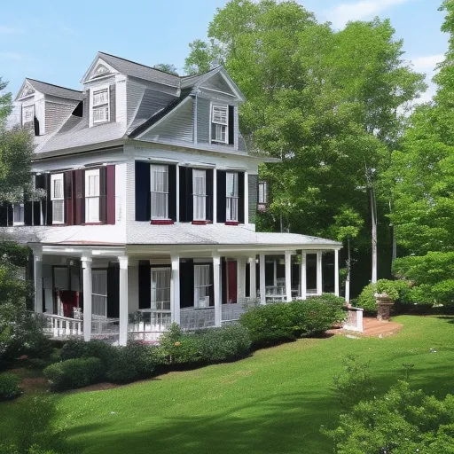 

An image of a classic two-story brick house with a wrap-around porch and a large front yard, surrounded by trees.