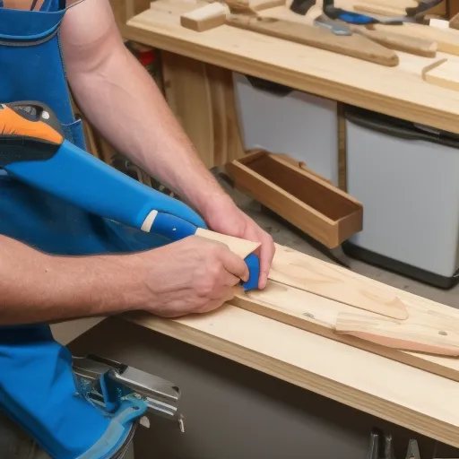 

A picture of a person assembling kitchen cabinets, with tools and wood pieces laid out on a workbench.