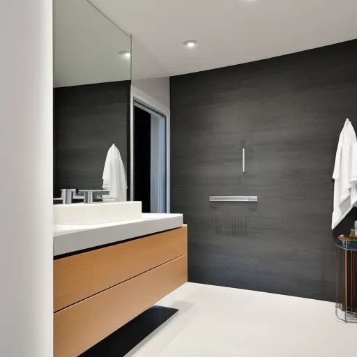 

A modern bathroom featuring a sleek white vanity with a Kohler sink and faucet, surrounded by stylish accessories.