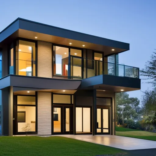 

An image of a modern two-story house with a contemporary facade, featuring large windows and a sleek, minimalist design.