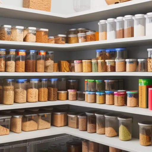 

A well-organized pantry with labeled shelves and containers, filled with neatly arranged food items.