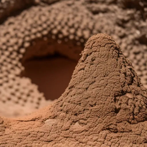 

A close-up of a termite mound with a magnifying glass highlighting the intricate tunnels and chambers.