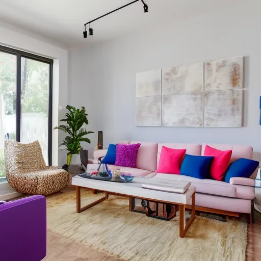 

A bright and airy living room with modern furniture and colorful accents, creating a cozy and inviting atmosphere.